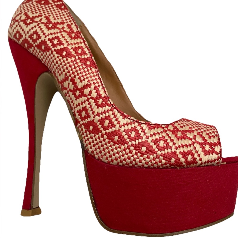Shoe Dazzle Red and Cream Woven Platform Pumps with High Stiletto